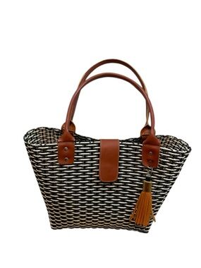Source Unknown Black & White Woven Tote with Brown Trim